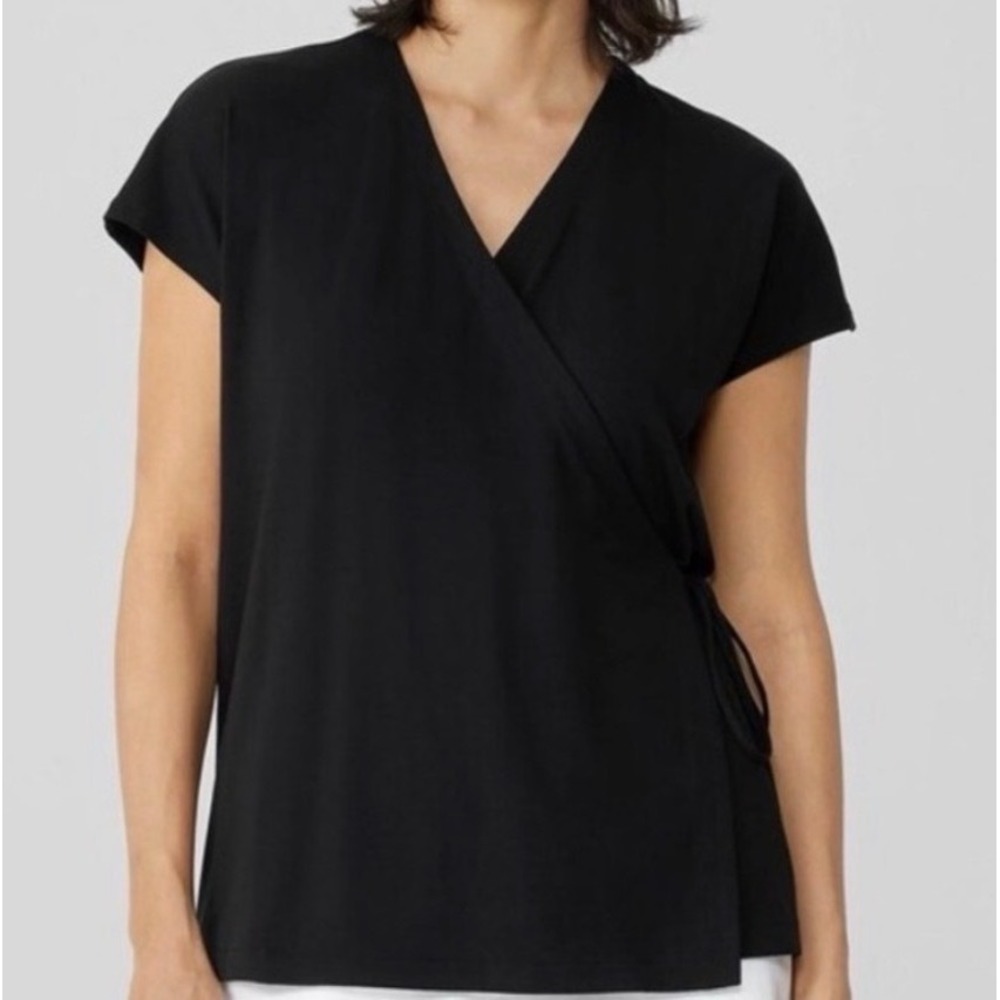 NEW Eileen Fisher Black Tencel Lyocell Wrap Side Tie V-Neck Cap Sleeve‎ Top Med